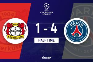 半場-巴黎暫4-1勒沃庫森 安德里希、扎巴爾尼染紅K77傳射杜埃雙響