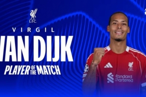 1進(jìn)球6解圍，范戴克當(dāng)選利物浦5-1客勝法蘭克福全場(chǎng)最佳球員