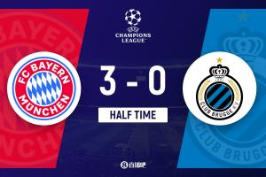 半場(chǎng)-拜仁暫3-0布魯日 小將倫納特-卡爾世界波凱恩迪亞斯破門(mén)